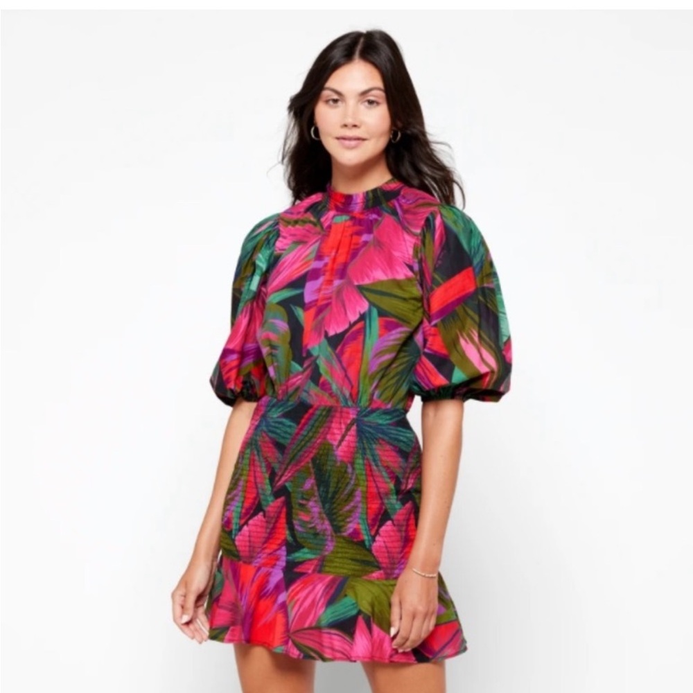 FARM Rio Midnight Leaves Smocked Foliage high elastic neck Puff Sleeve Dress M
